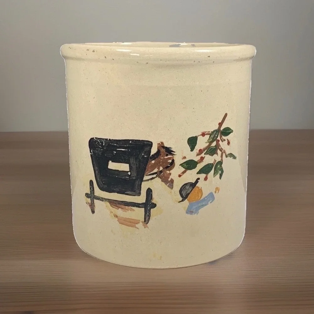Stoneware Crock Hand Painted Horse Carriage Floral Country Farmhouse Folk Art